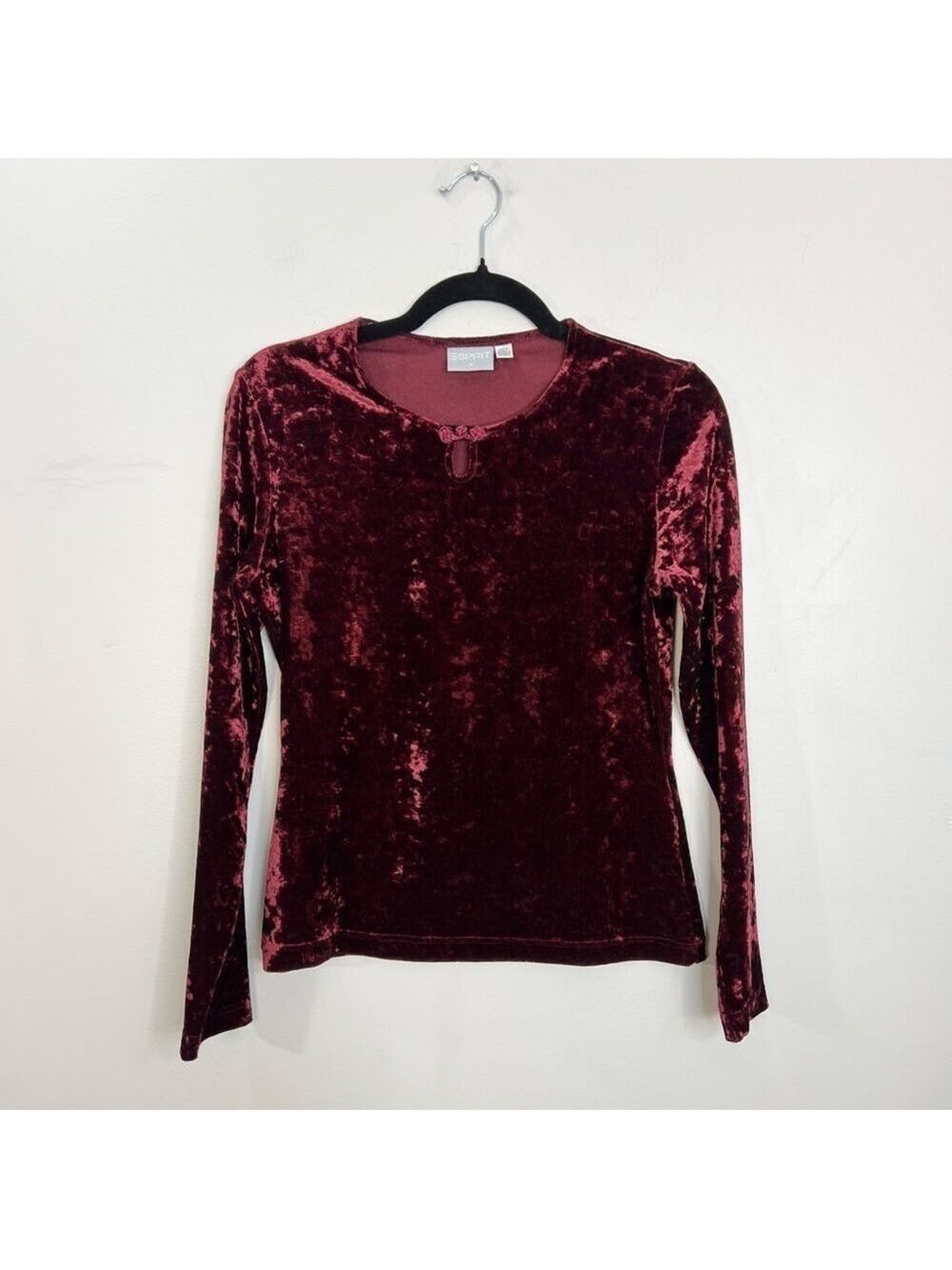 90s Y2K Esprit crushed velour burgundy minimalist top M - Picture 3 of 8